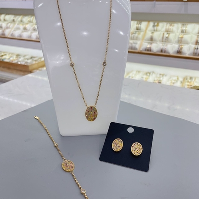 CZ Diamond Perhiasan Set Klasik Liontin Kalung Anting-Anting Anting-Anting Gelang Untuk Wanita Berlapis Emas Cubic Zirconia