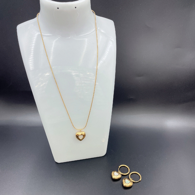 Earring warna emas stainless steel, kalung, gelang set dengan cangkang untuk wanita, desain jantung