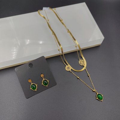 Earring emas terbaru warna stainless steel, kalung, gelang set dengan batu hijau untuk wanita