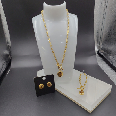 Earring emas warna stainless steel terbaru, kalung, gelang set dengan batu untuk wanita