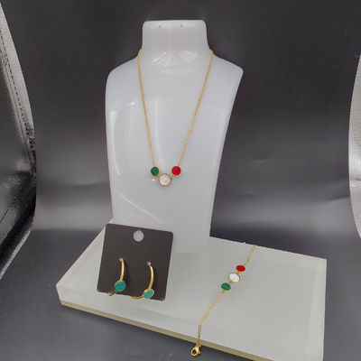 Earring emas terbaru warna stainless steel, kalung, gelang set dengan cangkang hijau untuk wanita
