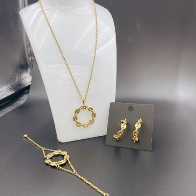 High Polish terbaru emas warna stainless steel anting, kalung, gelang set untuk wanita